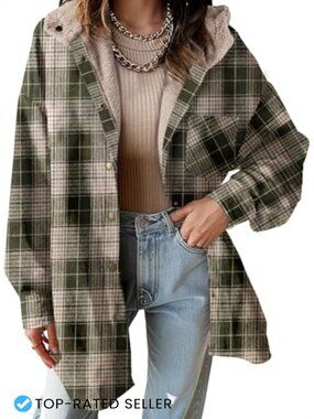 Women's Flannel Plaid Shacket Fleece Jacket with Hood Oversized Button Down Coat